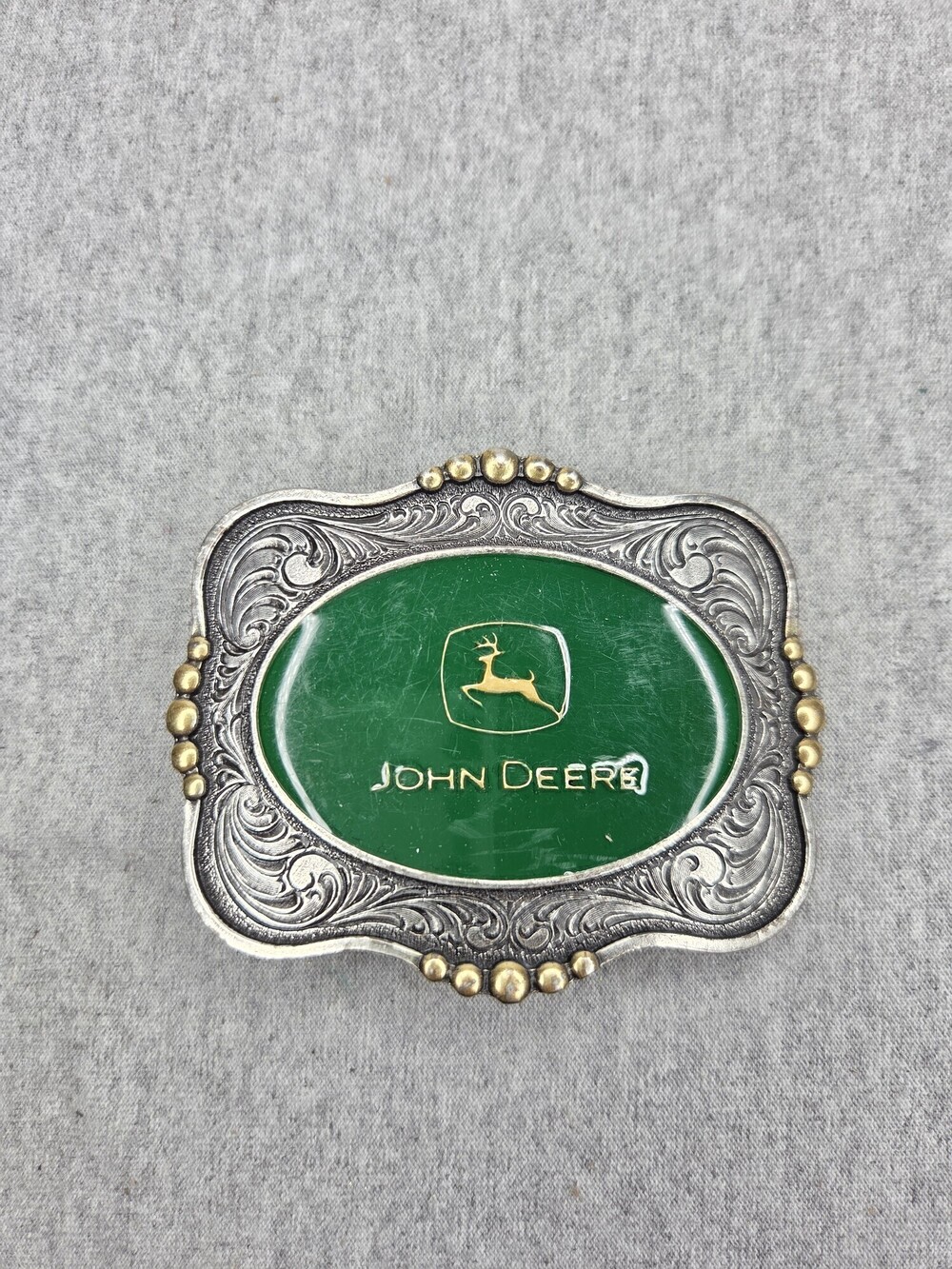 Montana Silversmiths John Deere Belt Buckle Green Enamel Scalloped Silver Tone